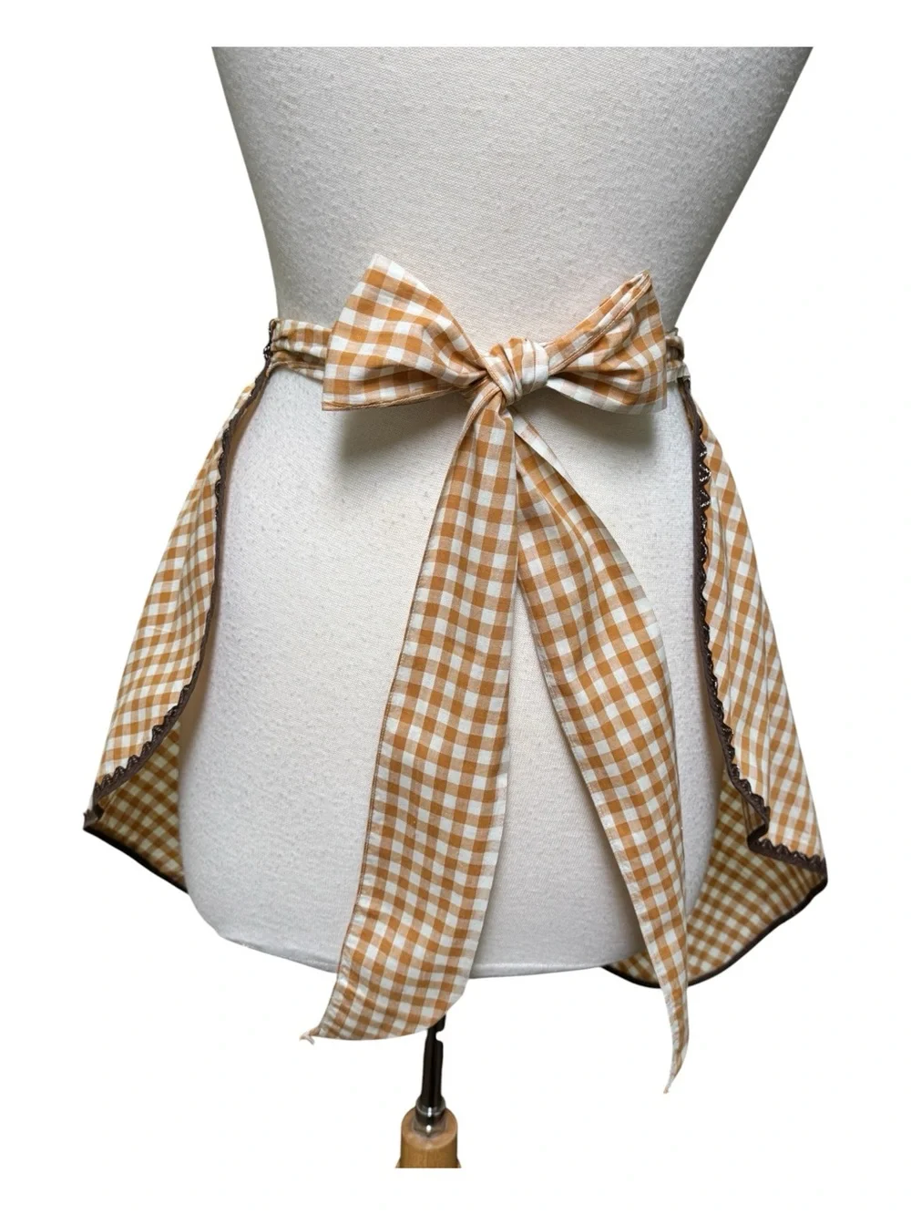 Vintage Gingham Tie-Waist Smocked Apron in Mustard and Brown trim